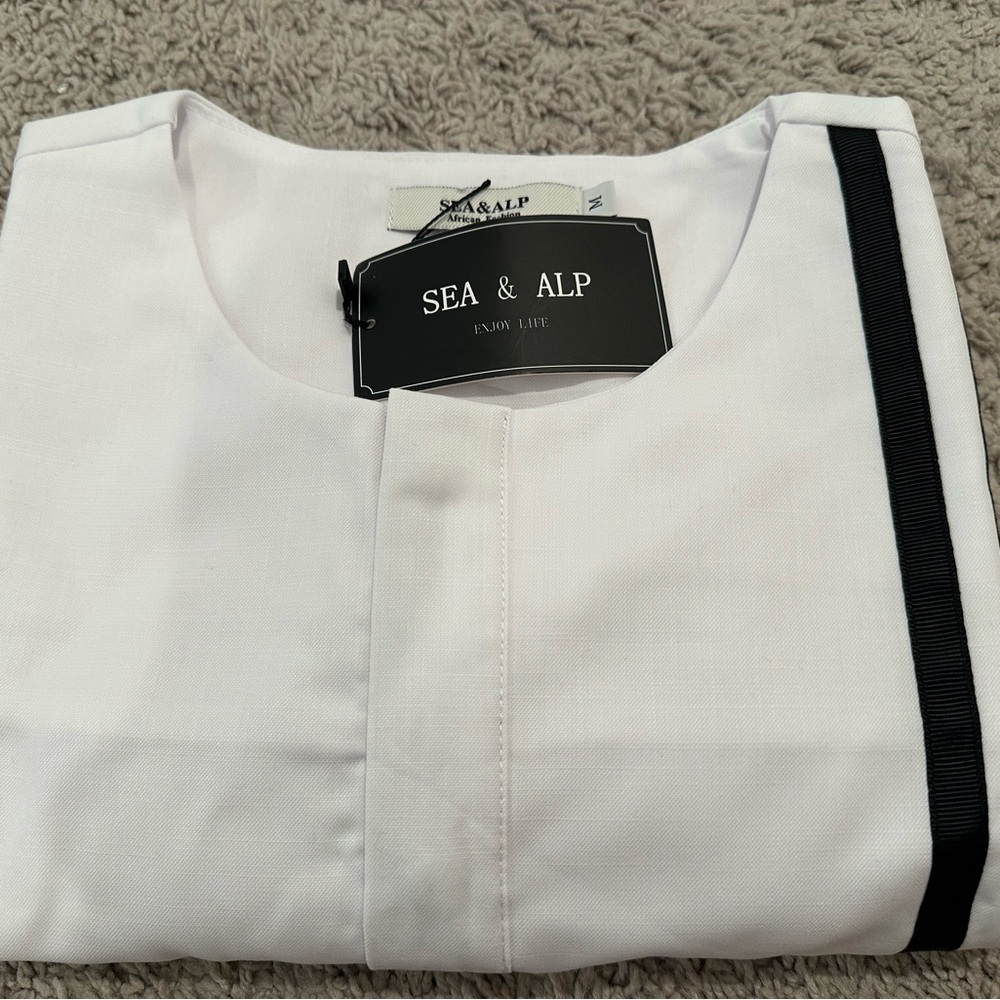 SEA & ALP African Fashion Men Shirt & Pant- Two-Piece White w/ Black Stripes
